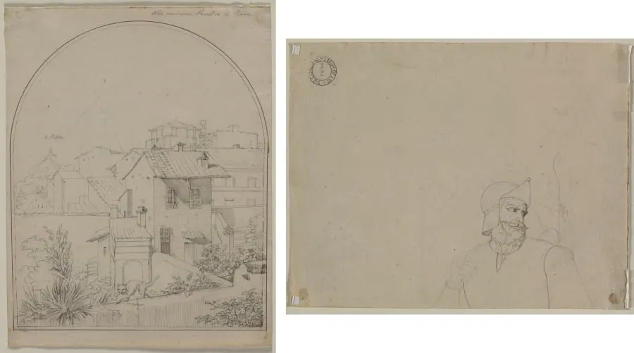 View from My Window in Rome (recto) Soldier in a Landscape (verso), by Carl Ludwig Tischbein, 1817
