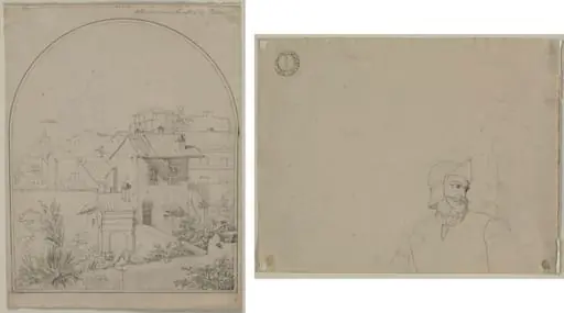 View from My Window in Rome (recto) Soldier in a Landscape (verso), by Carl Ludwig Tischbein