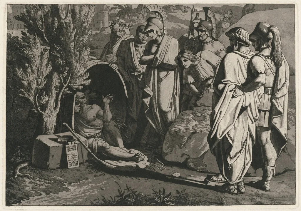 Diogenes in His Tub with Alexander and His Generals, by Carl Russ, ink, 1810
