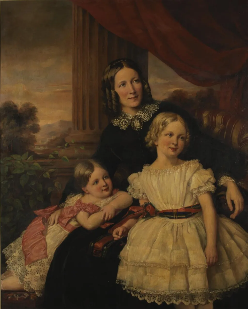Group portrait of mother & two daughters, by Carl Schmid, oil, 1870