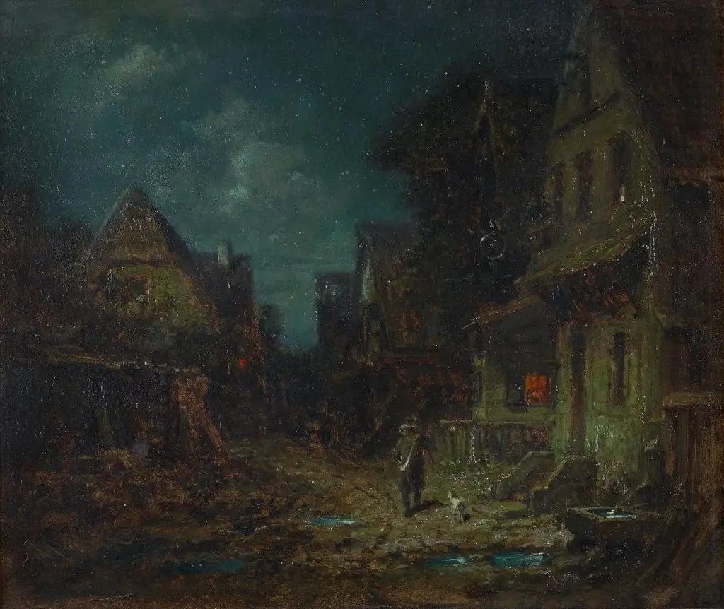 Dorfgasse mit Nachtwächter, by Carl Spitzweg