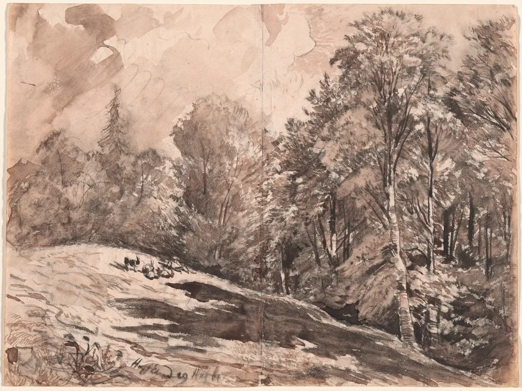 A Meadow with a Shepherd and Goats at the Edge of a Forest, by Carl Wagner, chalk, 1861
