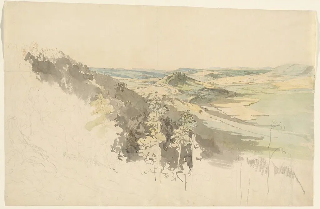 Hilly Landscape with Landsberg Castle, by Carl Wagner, ink, 1833