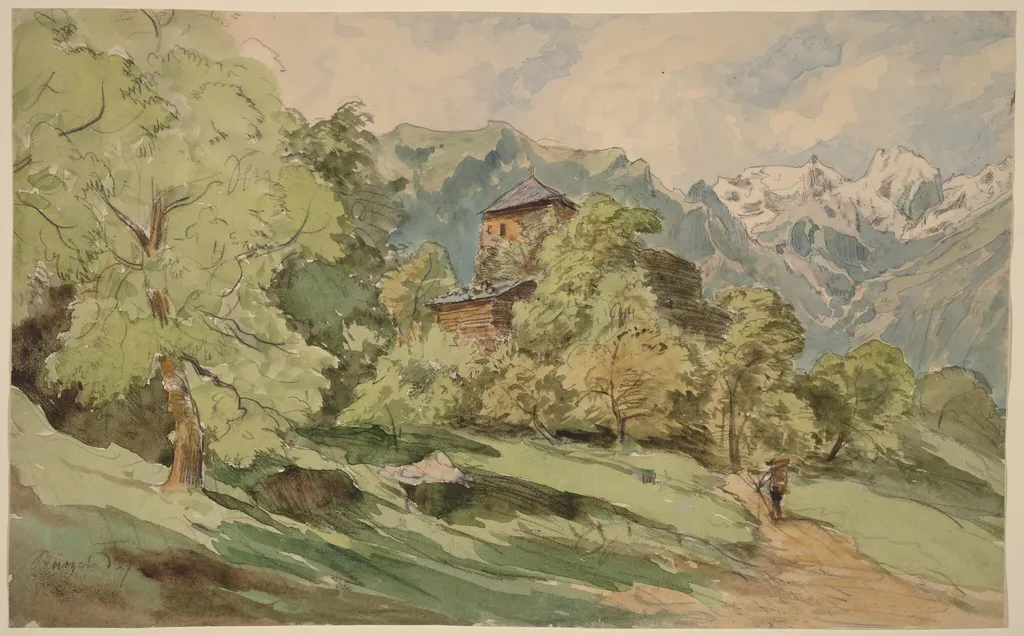The Castle of Bürglen with the Alps Beyond, by Carl Wagner, chalk, 1862