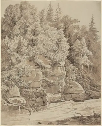 Wooded Cliffs along a Stream, by Carl Wagner