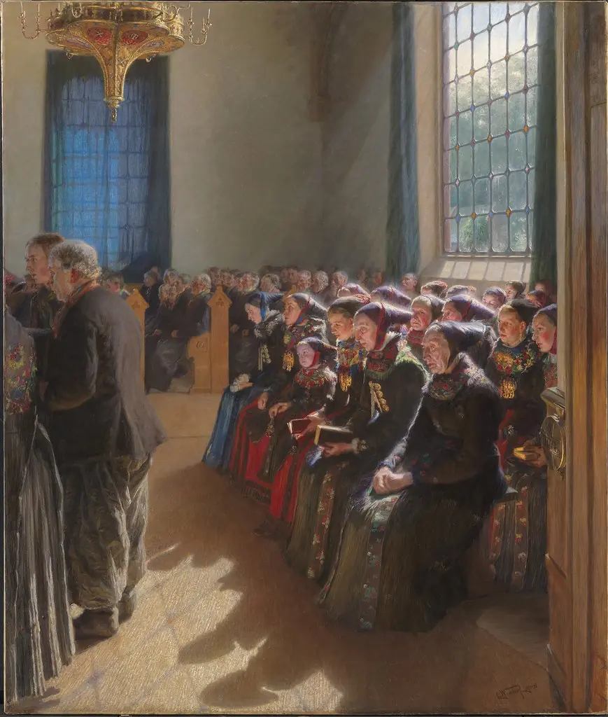 Under gudstjenesten i en kirke på Amager, by Carl Wentorf