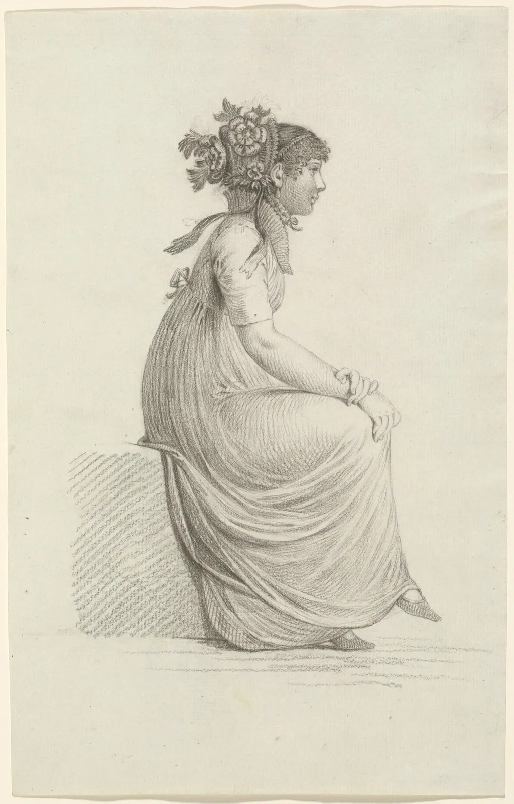 A Seated Young Woman Wearing a Fashionable Hat, by Carl Wilhelm Kolbe, chalk, 1802