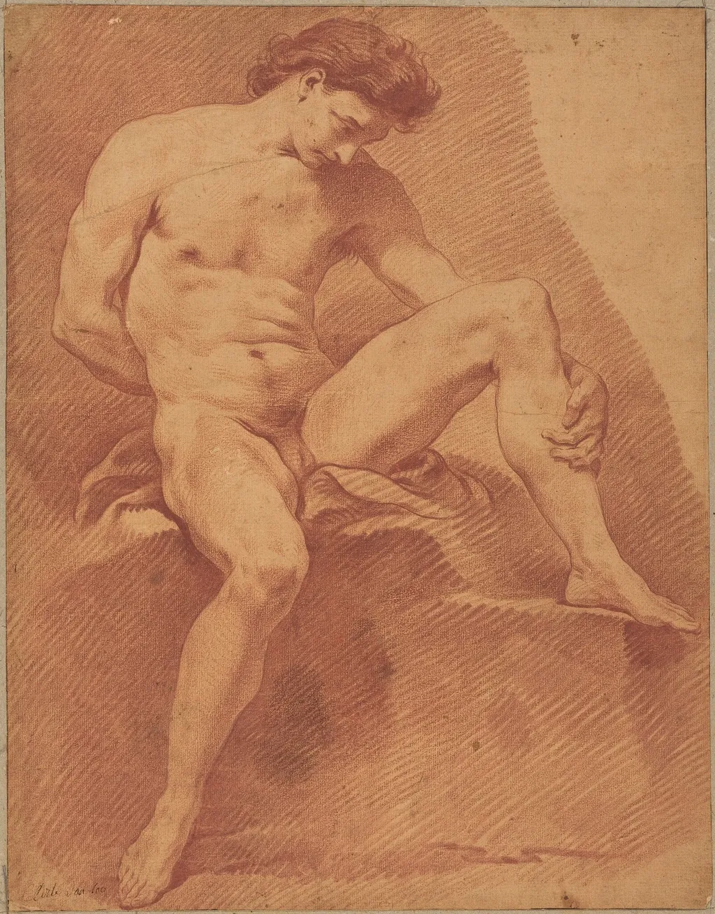 A Seated Male Nude, by Carle Van Loo, chalk, 1735