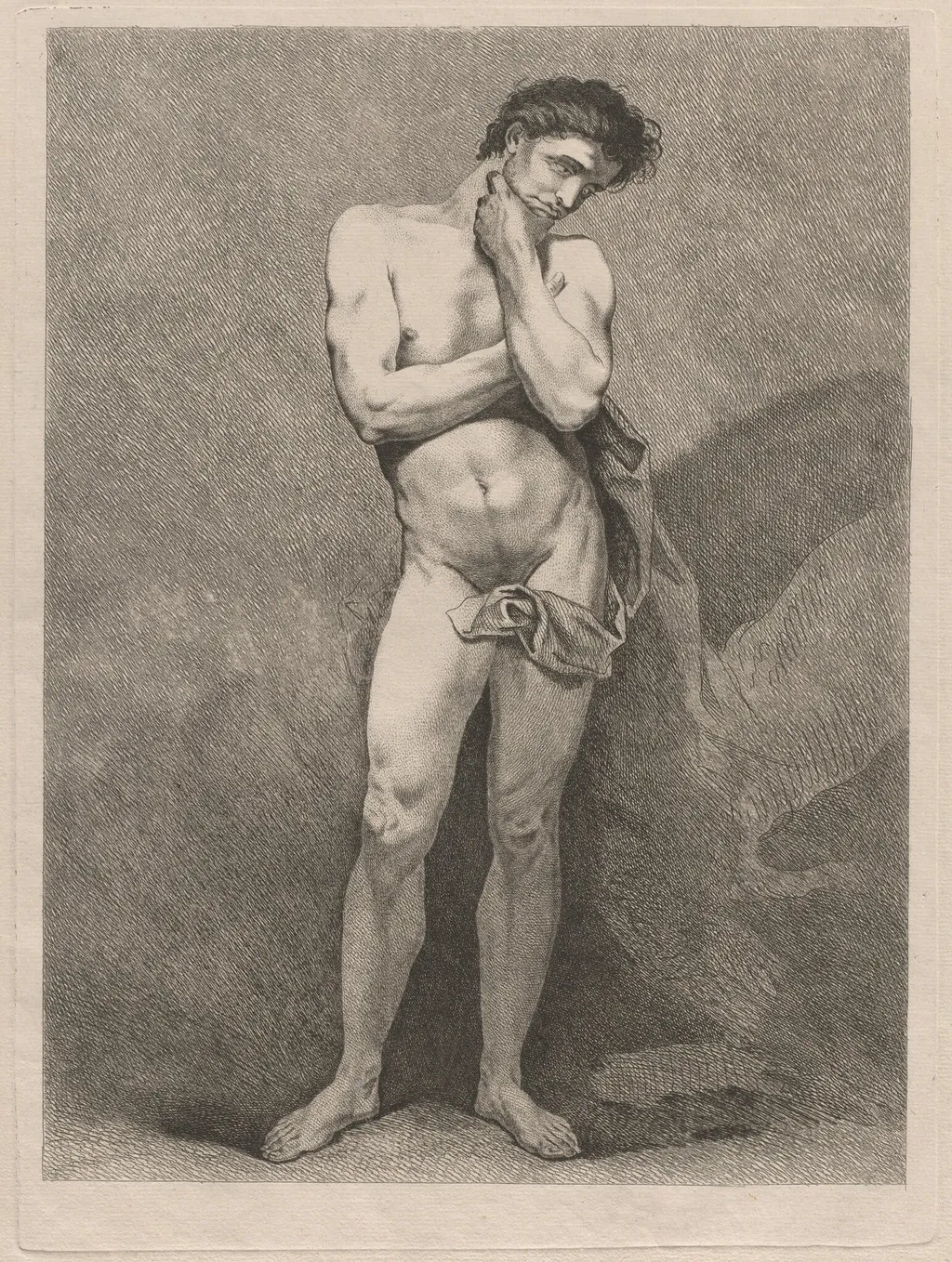 Standing Man in Pensive Pose, by Carle Van Loo, ink, 1743