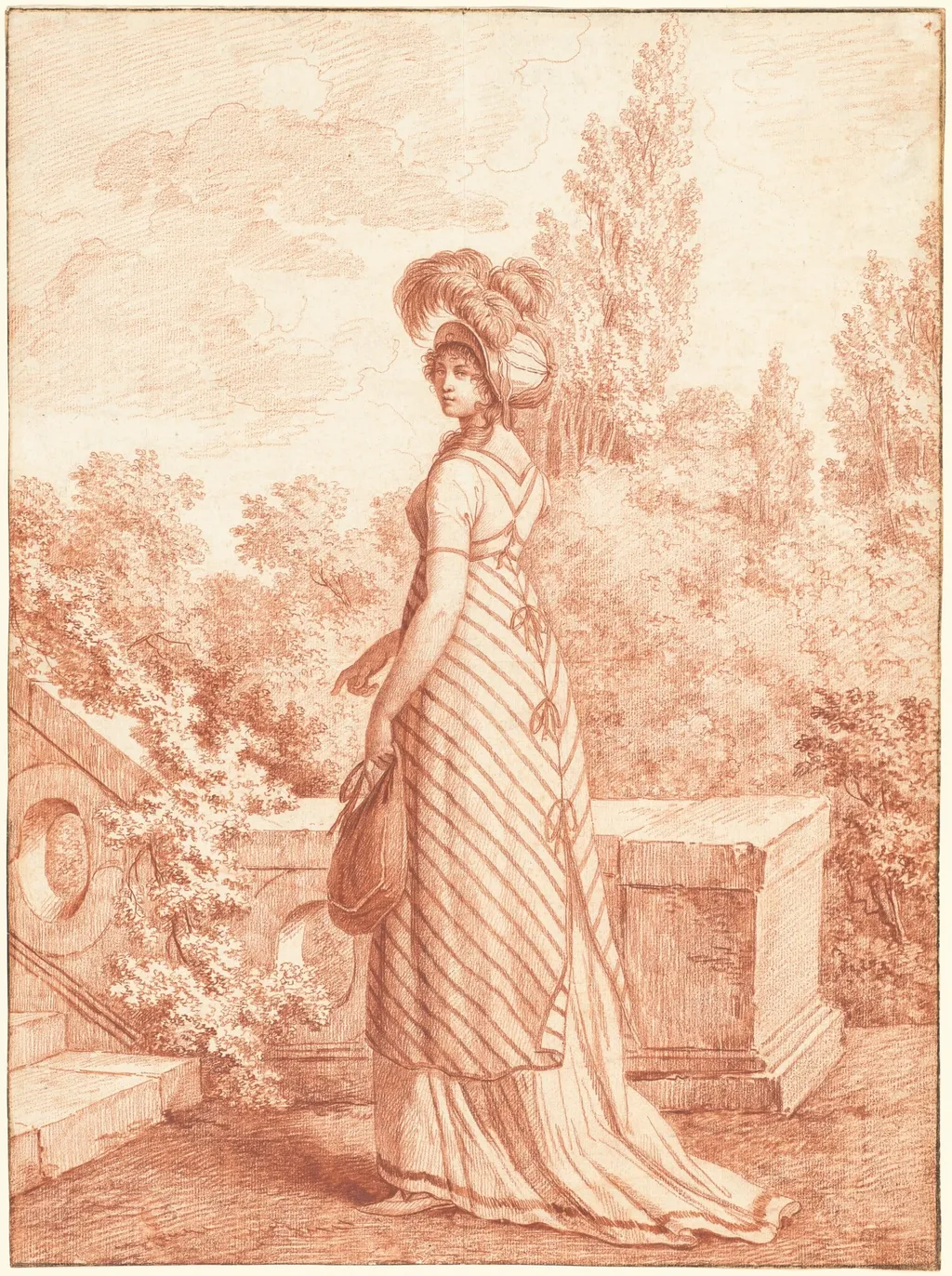 A Fashionable Woman Standing in a Park, by Carle Vernet, chalk, 1798