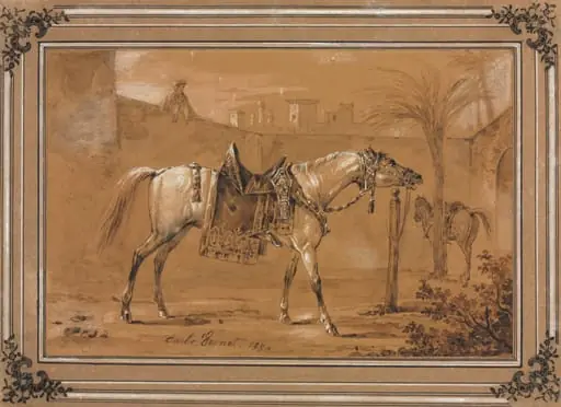 Saddled Arabian Horse in Courtyard, by Carle Vernet