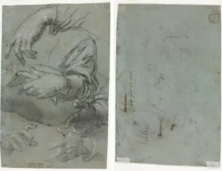 Studies of Hands (recto); Sketch of a Child's Head (verso), by Carletto Caliari