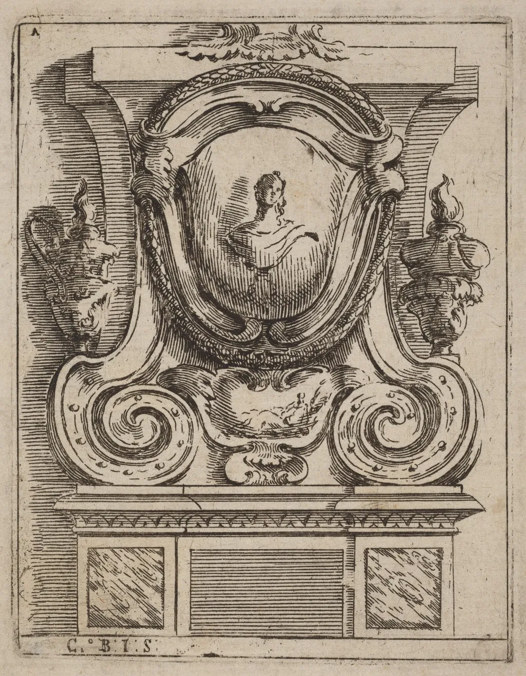 Architectural Motif with Bust and Two Lamps, by Carlo Antonio Buffagnotti, ink, 1690