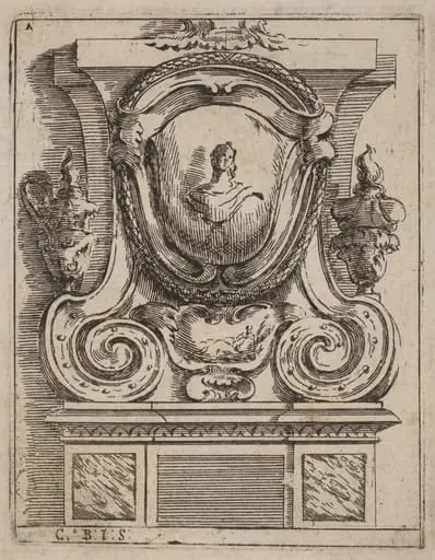 Architectural Motif with Bust and Two Lamps, by Carlo Antonio Buffagnotti