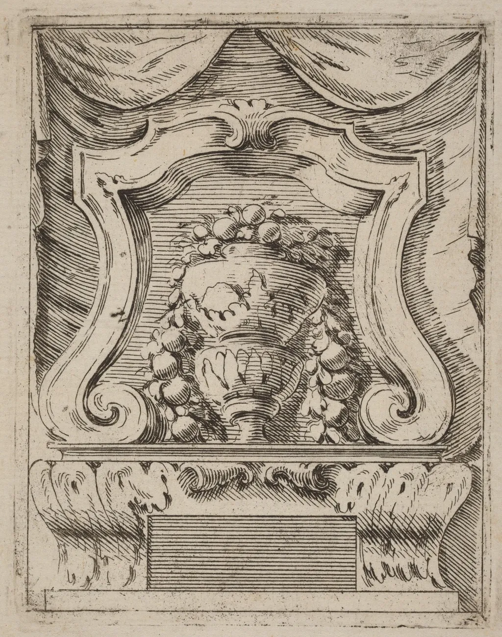 Architectural Motif with Fruit in a Vase, by Carlo Antonio Buffagnotti, ink, 1690