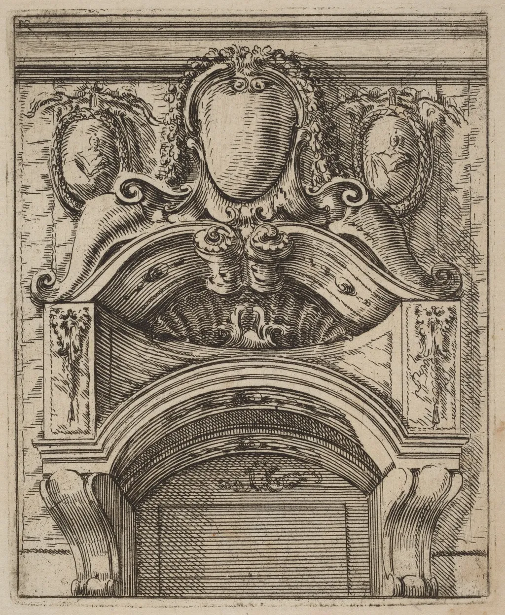 Architectural Motif with Three Shields, Two with Figures, by Carlo Antonio Buffagnotti, ink, 1690