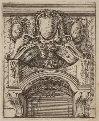 Architectural Motif with Three Shields, Two with Figures, by Carlo Antonio Buffagnotti