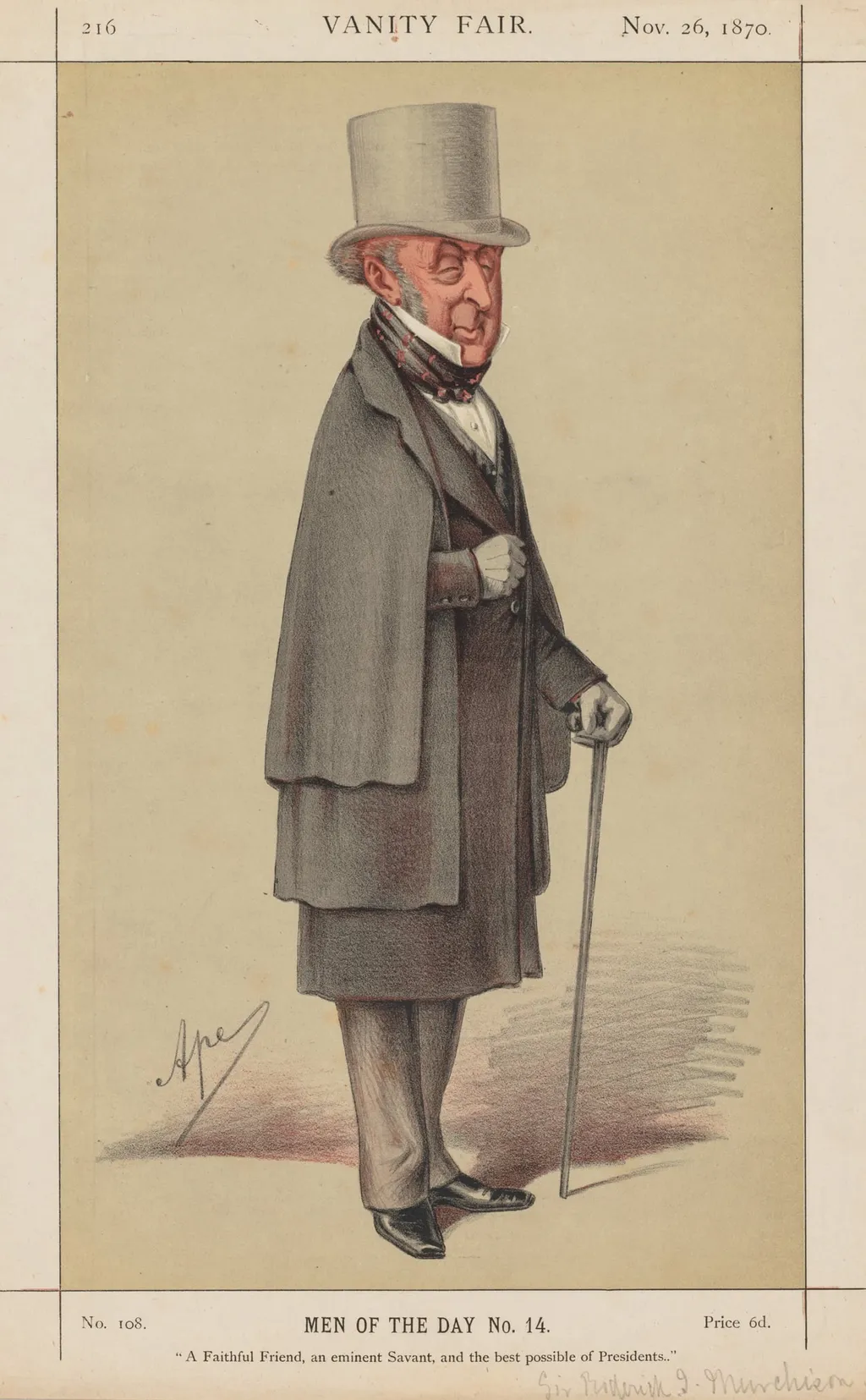Vanity Fair: Men of the Day No. 14 "A Faithful Friend, an eminent Savant, and the best possible of Presidents", by Carlo (Ape) Pellegrini, 1870