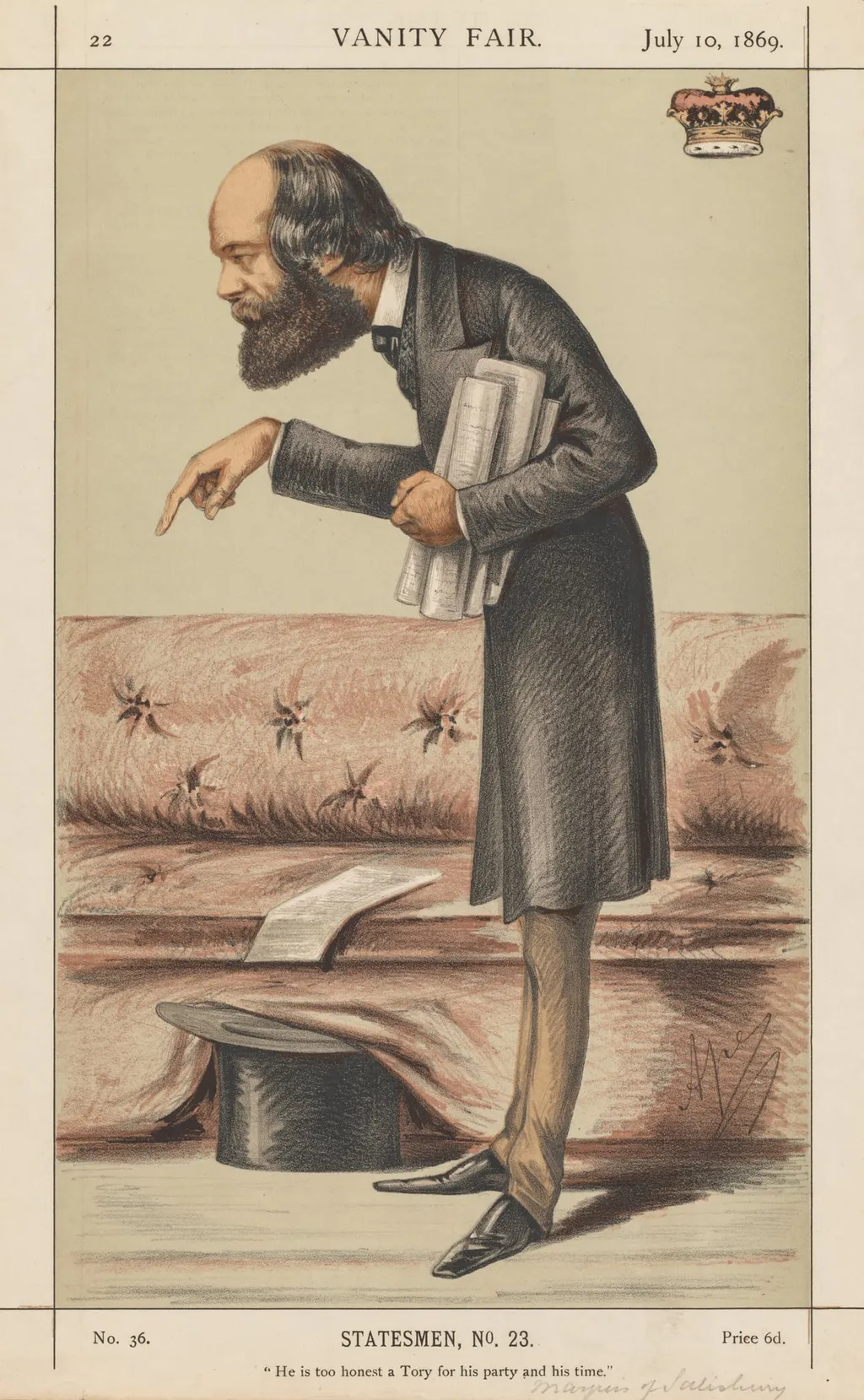 Vanity Fair: Statesman, No. 23 "He is too honest a Tory for his party and time", by Carlo (Ape) Pellegrini, 1869