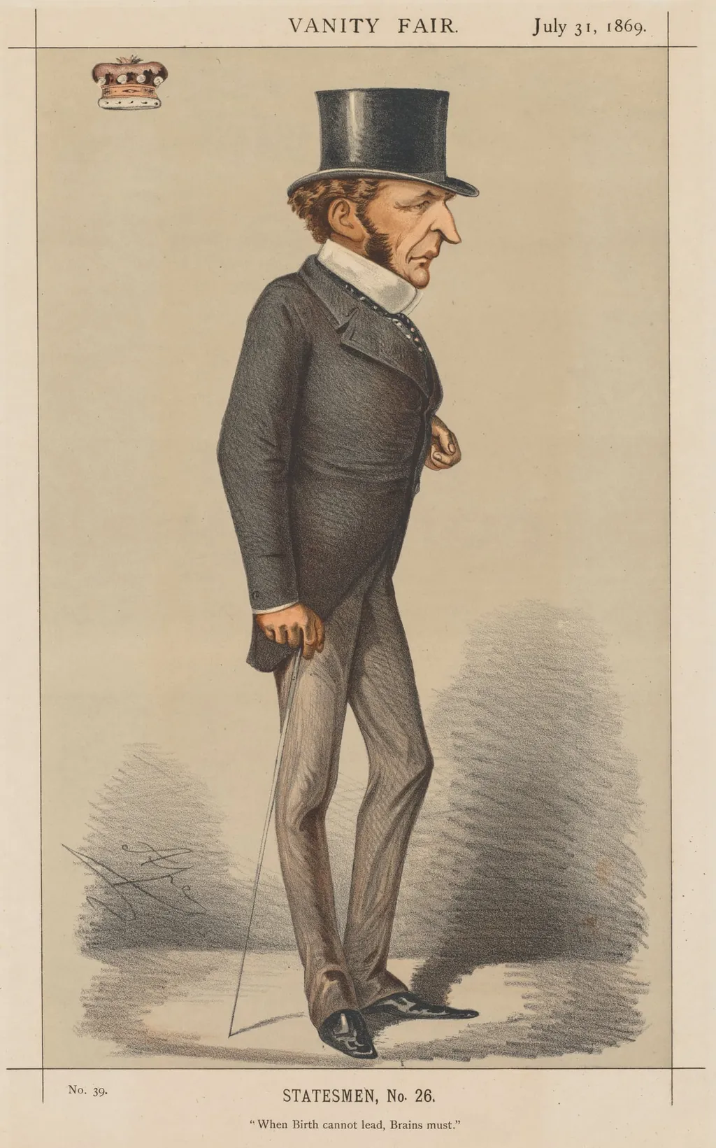 Vanity Fair: Statesman No. 26 "When Birth cannot lead, Brains must.", by Carlo (Ape) Pellegrini, 1869