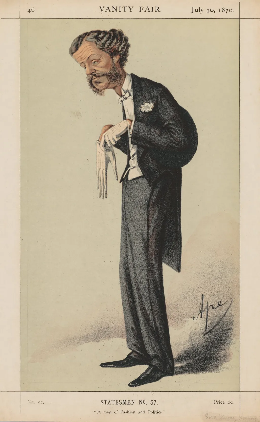 Vanity Fair: Statesman, No. 57 "A man of Fashion and Politics", by Carlo (Ape) Pellegrini, 1870