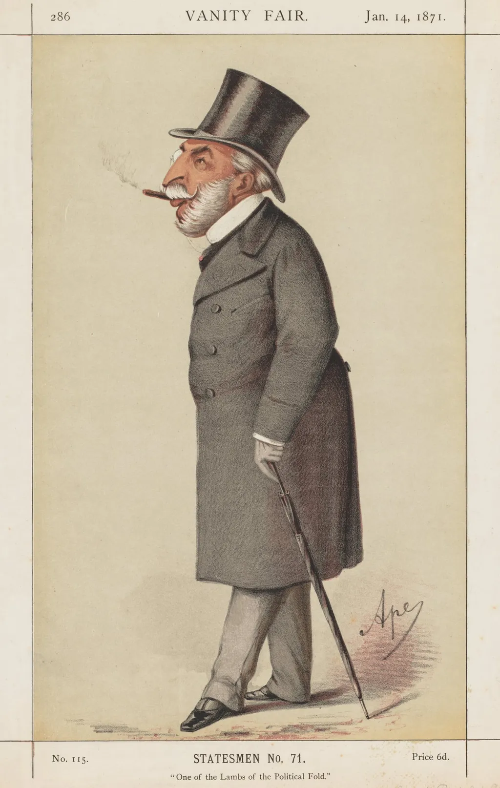 Vanity Fair: Statesman, No. 71 "One of the Lambs of the Political Fold", by Carlo (Ape) Pellegrini, 1871