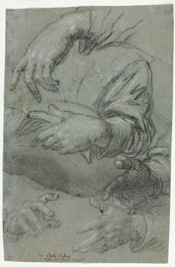 Studies of Hands (recto), by Carlo Caliari, 1586