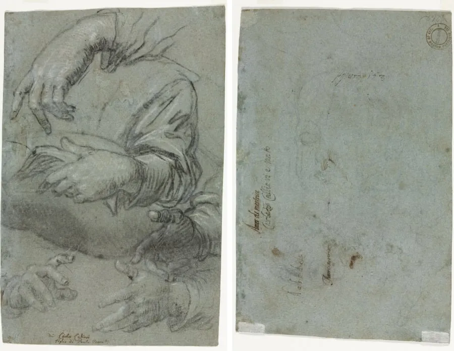 Studies of Hands (recto); Sketch of a Child's Head (verso), by Carlo Caliari, 1586