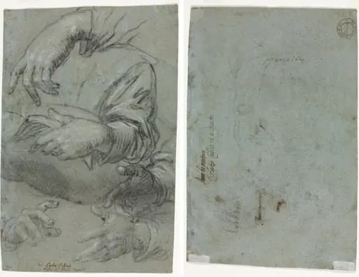Studies of Hands (recto); Sketch of a Child's Head (verso), by Carlo Caliari