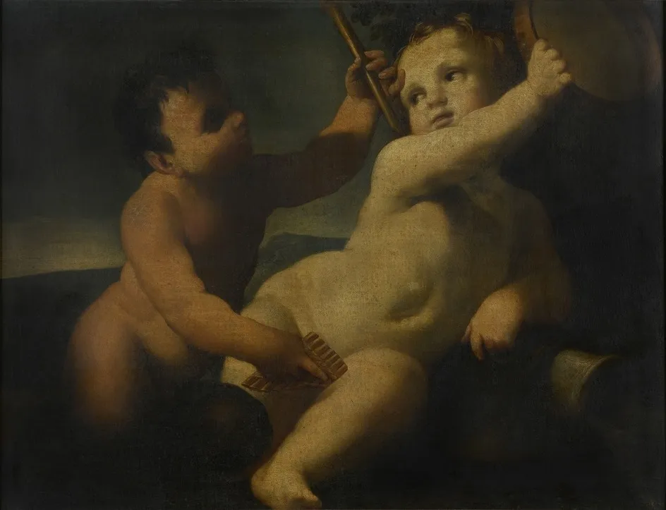 A Putto with a Tambourine and an Infant Satyr with a Panpipe, by Carlo Cignani, oil, 1678