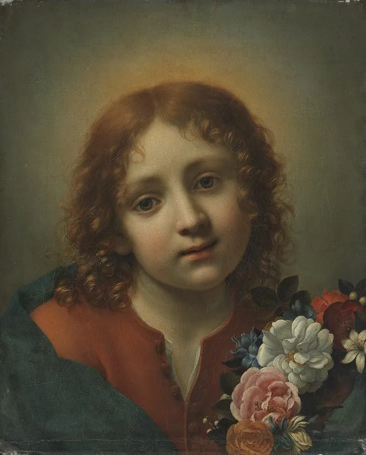 Jesusknabe mit Blumenkranz, by Carlo Dolci, unspecified, 1651