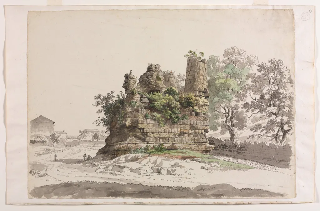 The So-Called Sepulcher of the Curiatii Brothers at Albano, with the Church of the Madonna della Stella in the distance at left, by Carlo Labruzzi, 1770