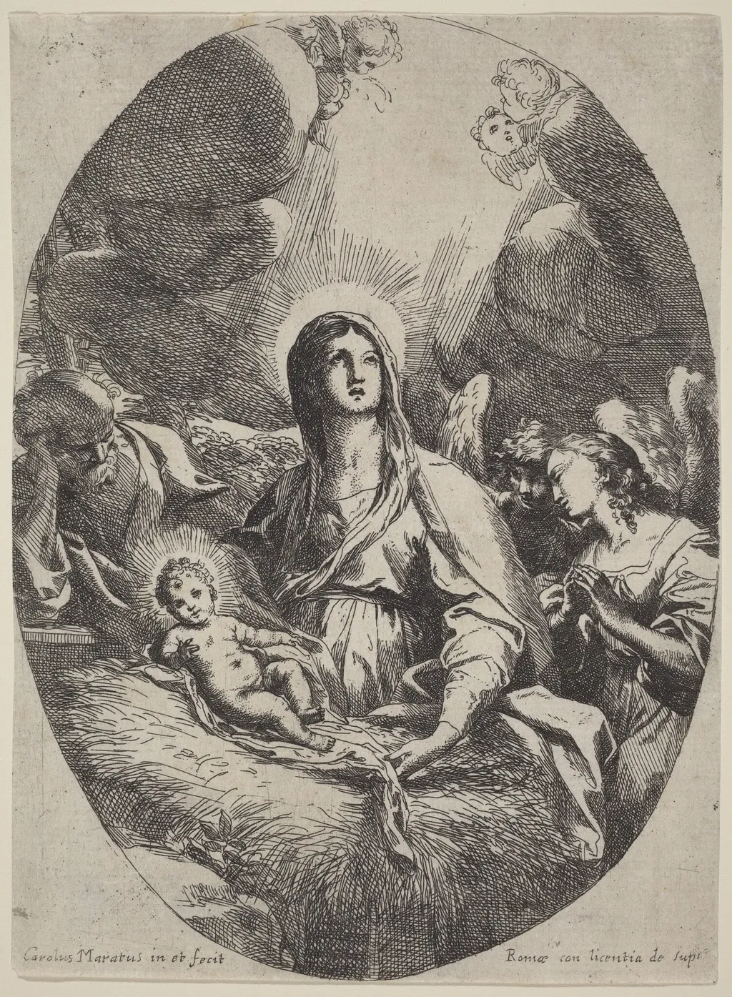 The Holy Family with Angels, by Carlo Maratta, ink, 1669