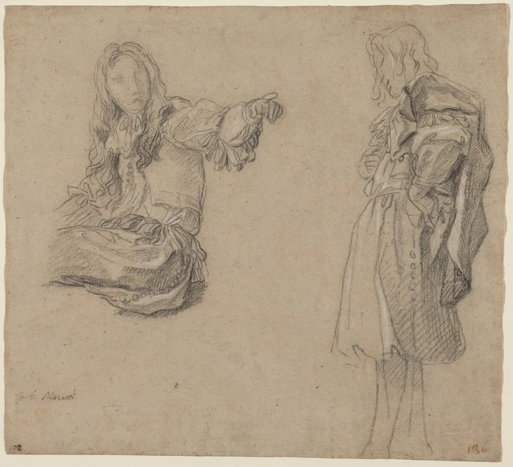 Two Men in Elaborate Costumes, by Carlo Maratta, chalk, 1680