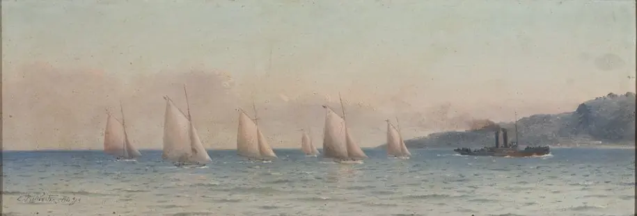 Seascape with Sailing Competition and a Towboat, by Carlos Balliester