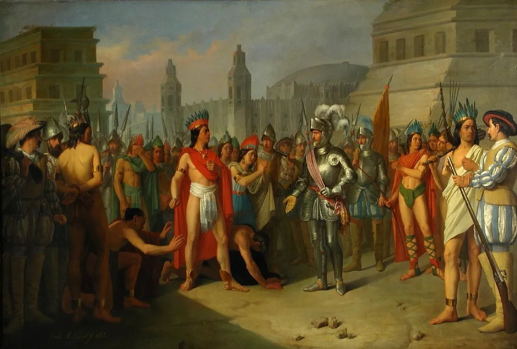 Prisión de Guatimocín último emperador de los mejicanos por las tropas de Hernán Cortés y su presentación a este en la plaza de Méjico, by Carlos Esquivel y Rivas, oil, 1854