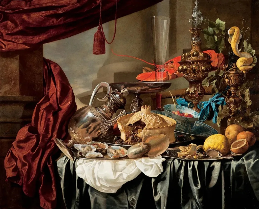 Opulent Still-Life with Silvergilt objects, Nautilus Shell, Porcelain, Pie, Fruit and Fish on a Draped Table, by Carstian Luyckx, oil, 1650