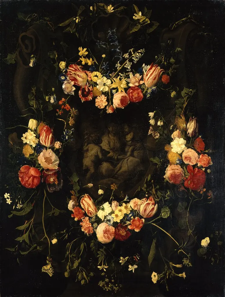 Cartouche addorned with flowergarlands surrounding a depiction of the Holy Family with the infant Saint John the Baptist