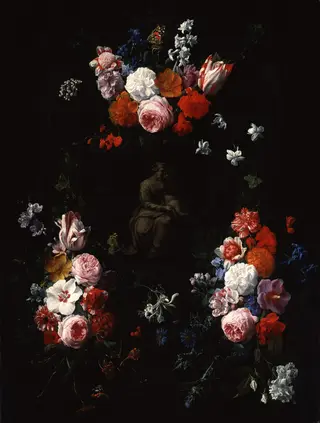 Cartouche with flowerfestoons surrounding a depiction of the Virgin mary with the Christ child, by Nicolaes van Verendael