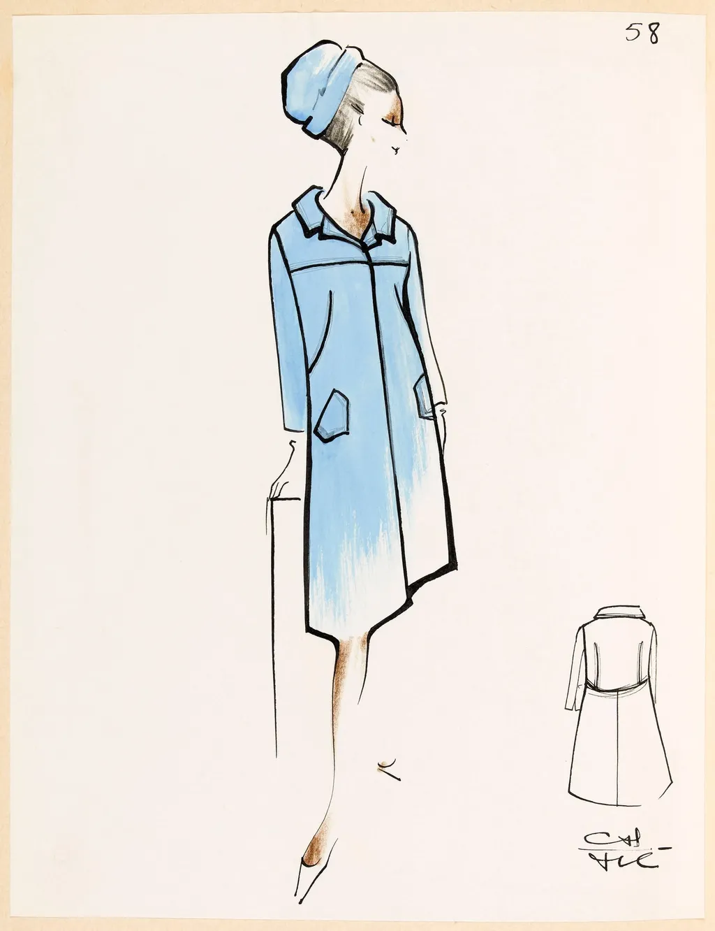 Manteau bleu ciel et chapeau assorti, by Carven, 1967
