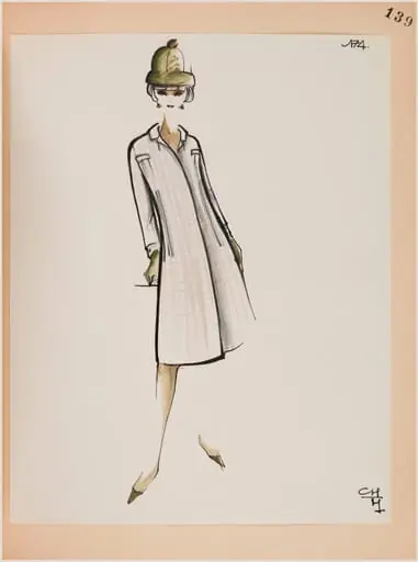 Manteau cintré évasé à carreaux bis à manches longues et descendant aux genoux et chapeau et gants vert asperge, by Carven