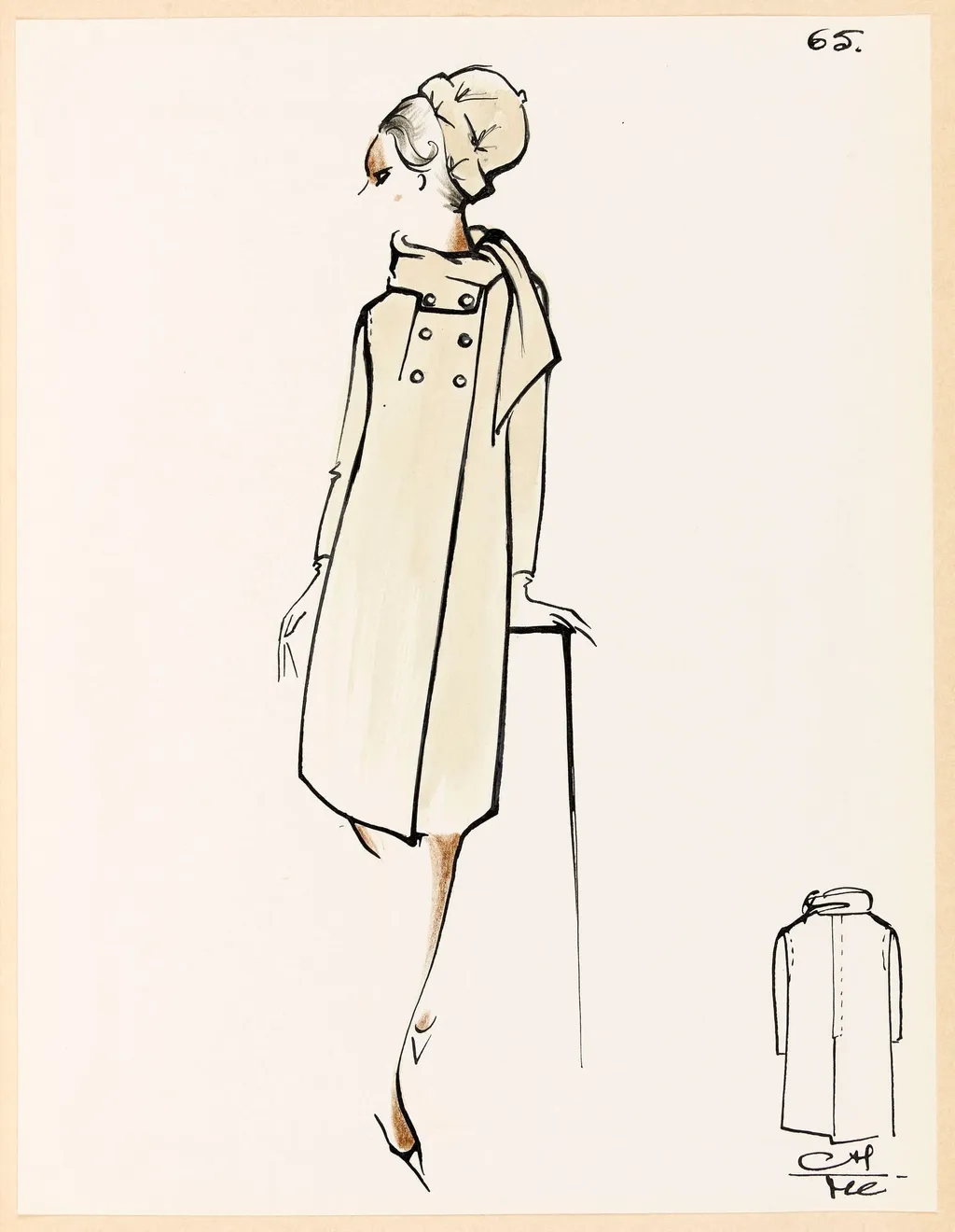 Manteau crème à col cravate et chapeau assorti, by Carven, 1967