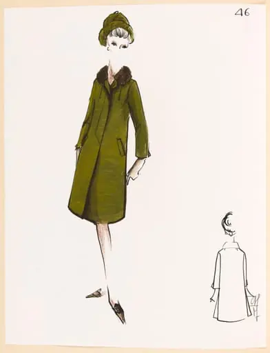 Manteau kaki à col de fourrure marron et chapeau assorti, by Carven