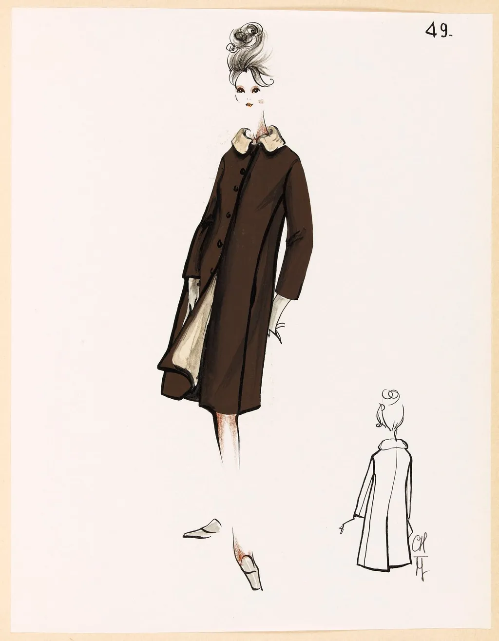 Manteau marron à doublure et col blanc, by Carven, 1967