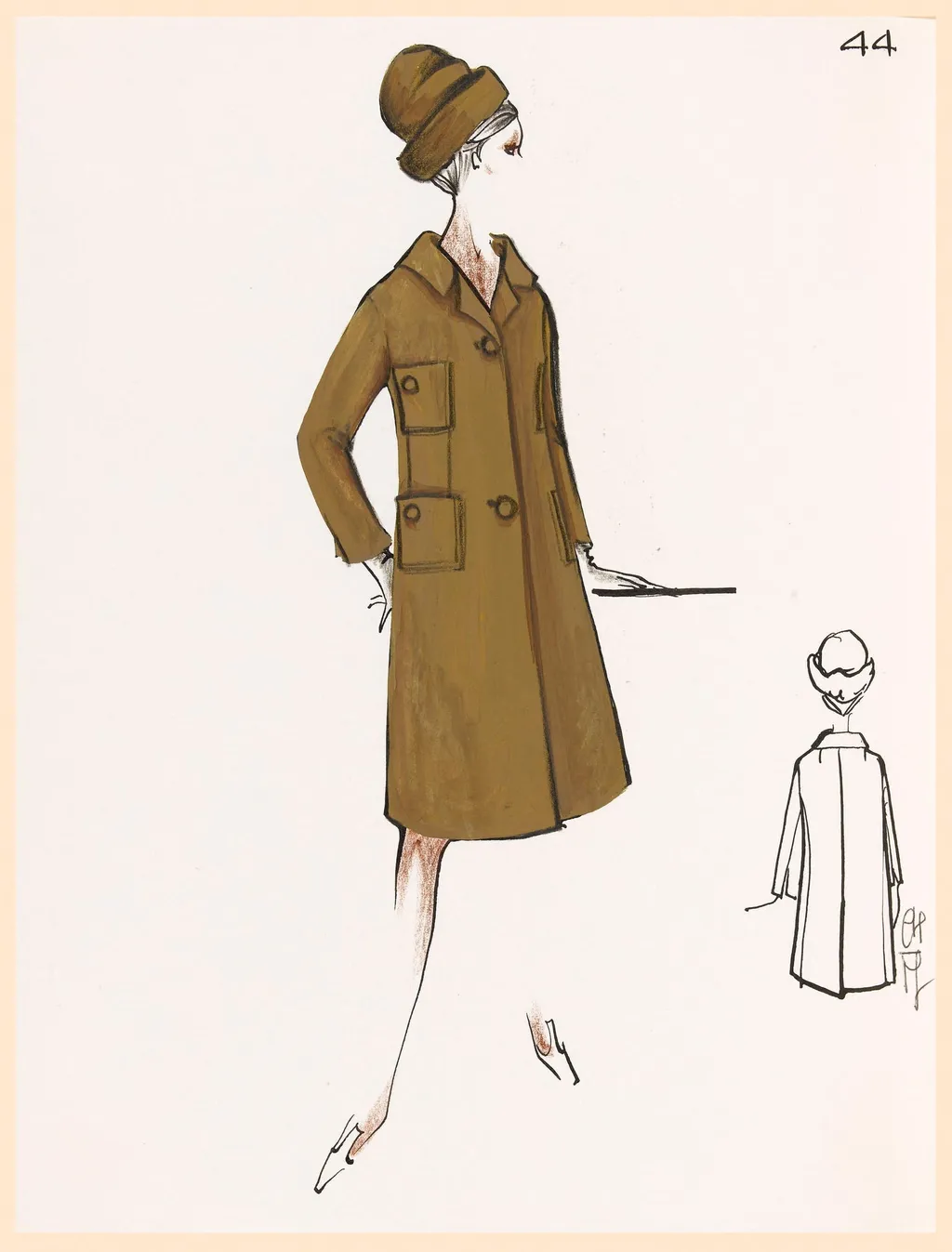 Manteau marron à quatre poches et chapeau assorti, by Carven, 1967