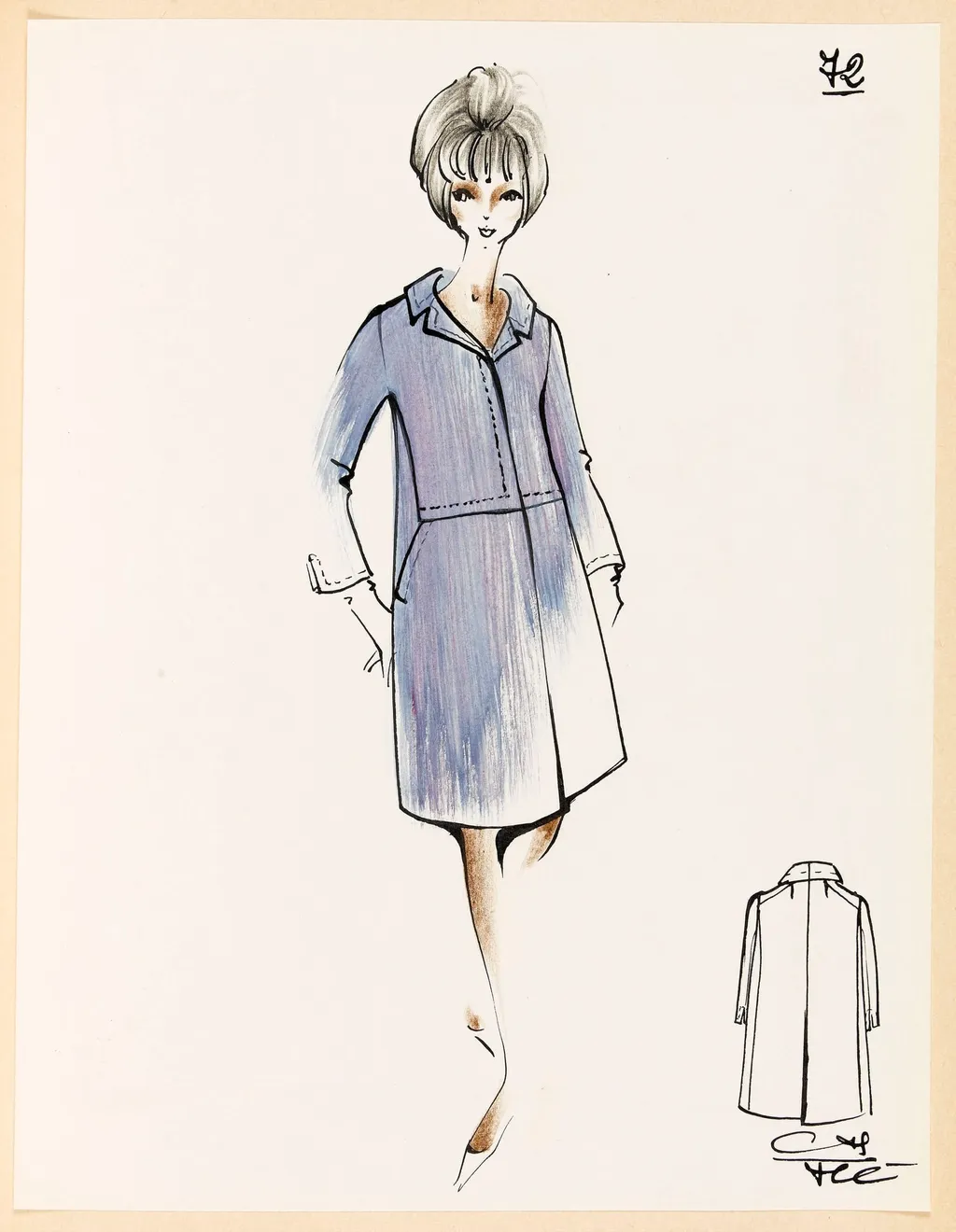 Manteau parme rehaussé de surpiqûres, by Carven, 1967