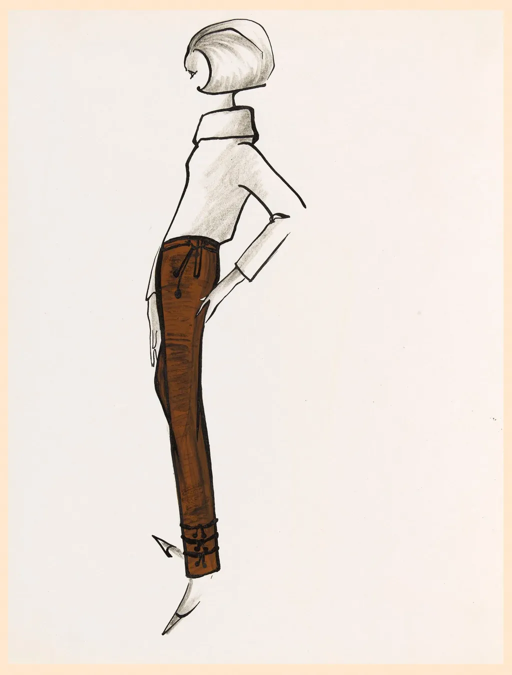 Pantalon marron avec applications sur le bas de la jambe, by Carven, 1963