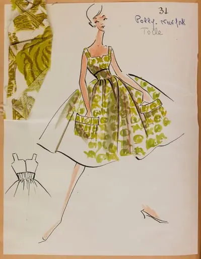 Robe à bretelles à motif vert avec deux grandes poches sur le devant de la jupe, by Carven