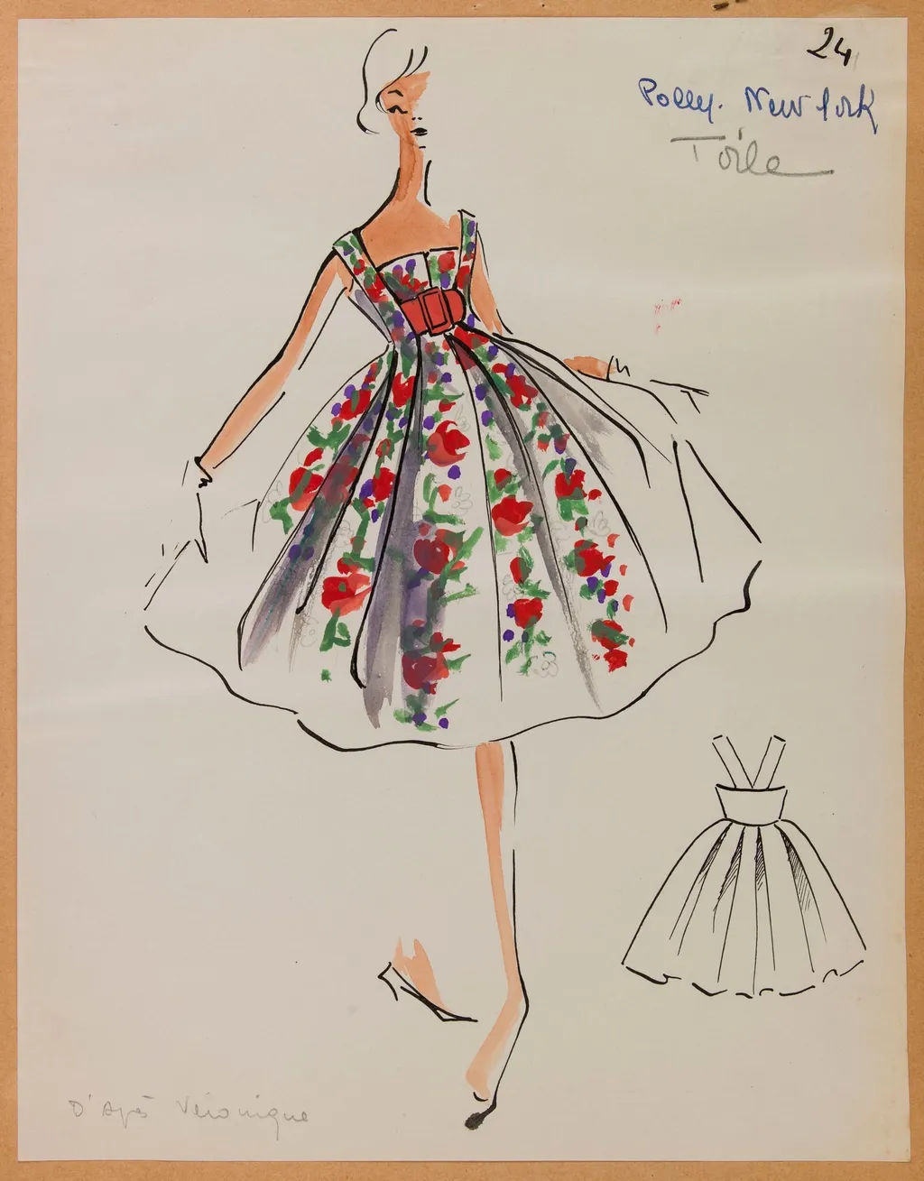 Robe à motif de fleur rouge et à large ceinture rouge sous la poitrine, by Carven, 1957