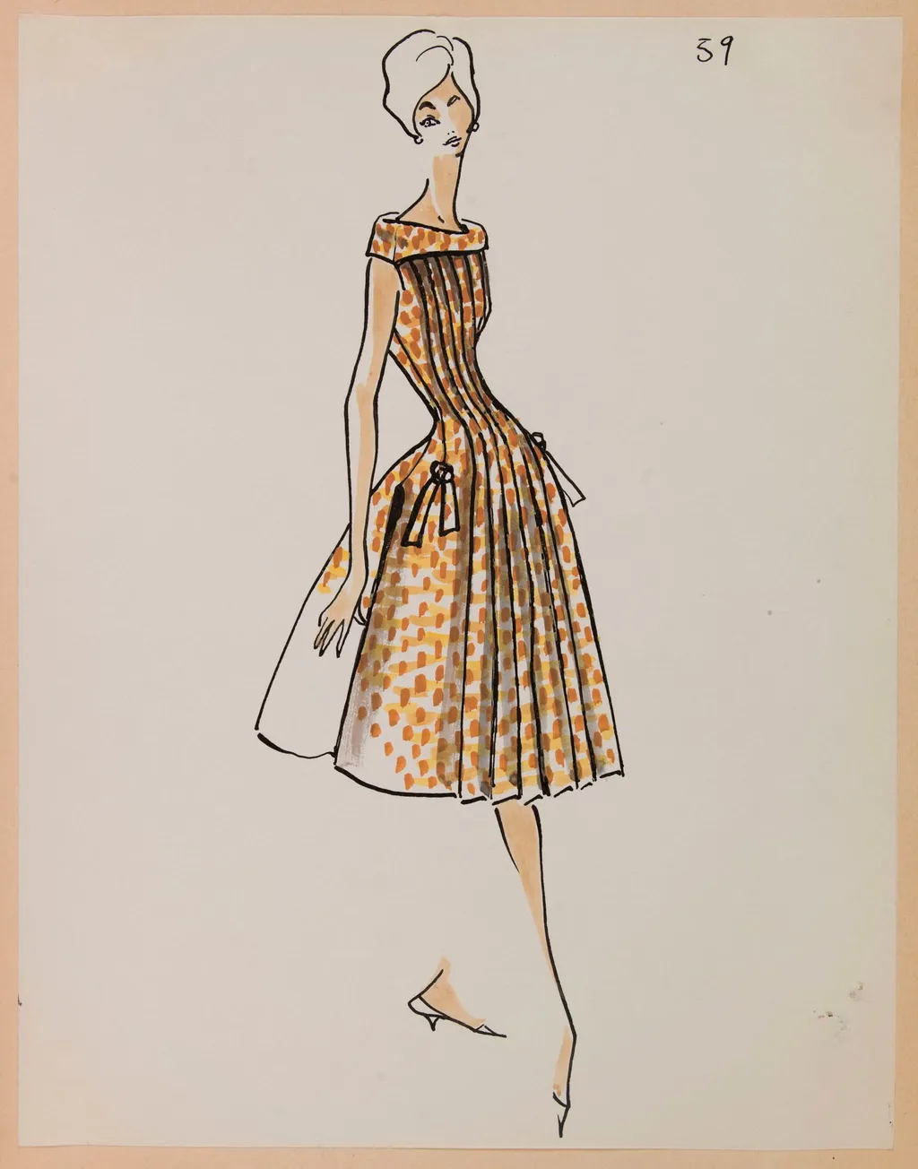 Robe à motif marron plissée sur le devant, by Carven, 1959